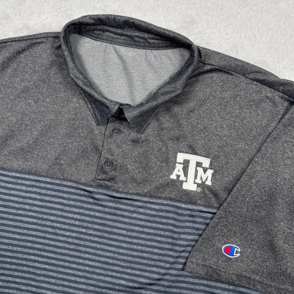 Texas A&M Polo Shirt Men 2XL Gray Striped Embroidered Performance Fans Champion